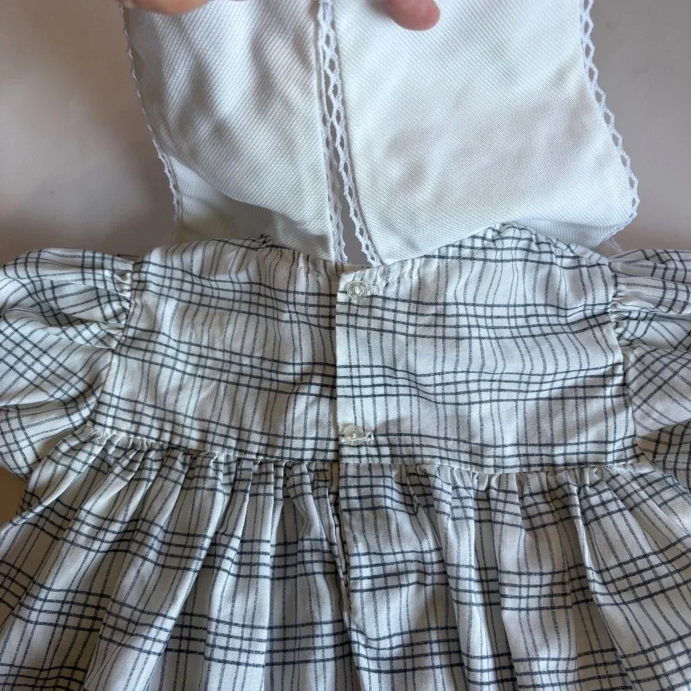 Vintage Toddler Girl 3 Plaid Dress Heart Flower Applique Lace Bib Collar Red Tie